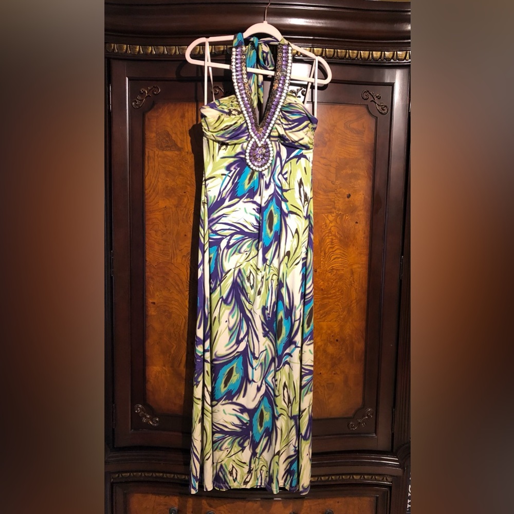 Roulette Floral Halter Neck Long Dress Gorgeous beaded and print size M